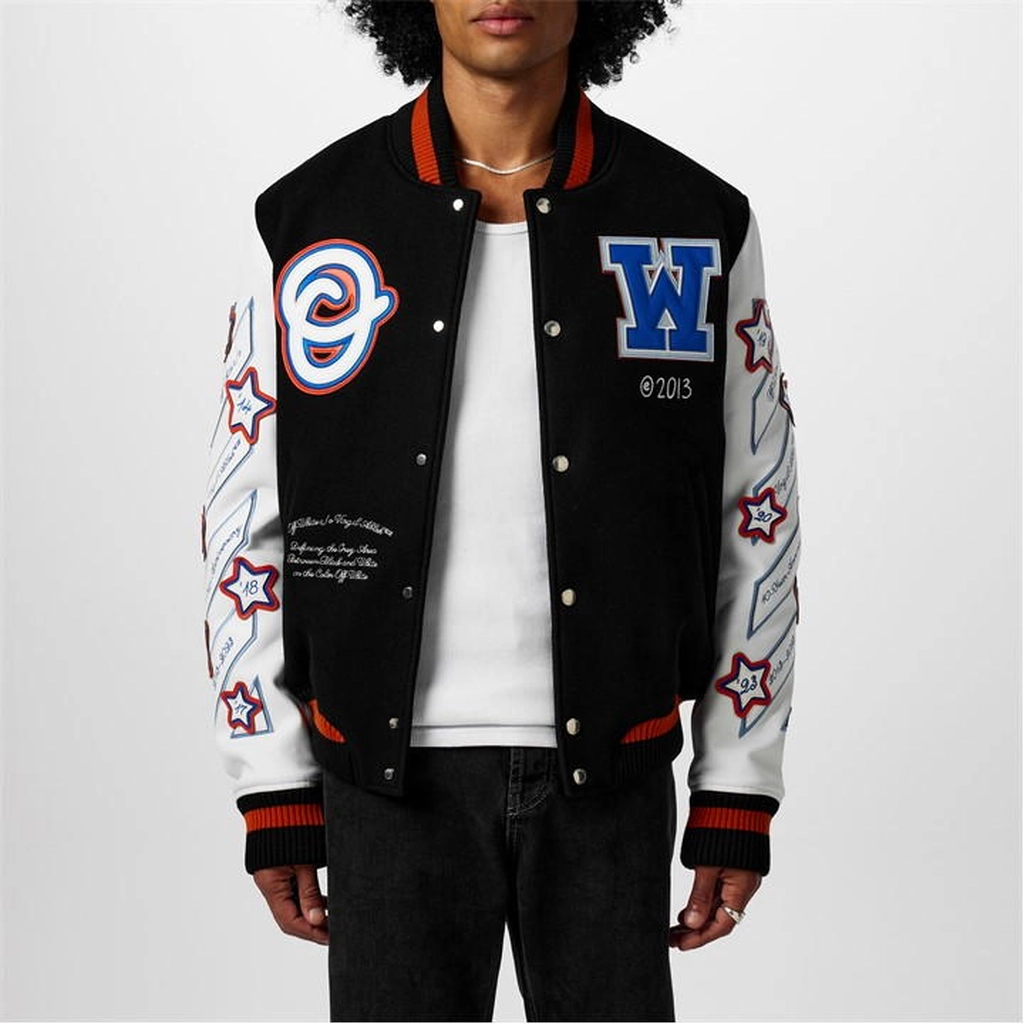 Off White Wizard Leather Varsity Jacket - Black